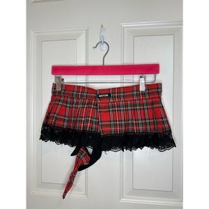Y2K Hustler Lingerie Red Black Plaid Pleated Lace Mini Skirt + Tie OS Grunge